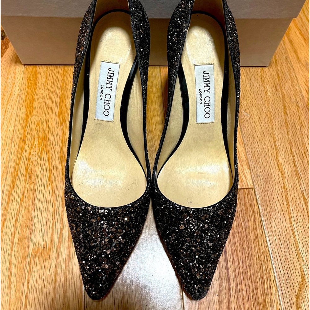 Jimmy Choo Black Glitter Pointed-Toe Pumps